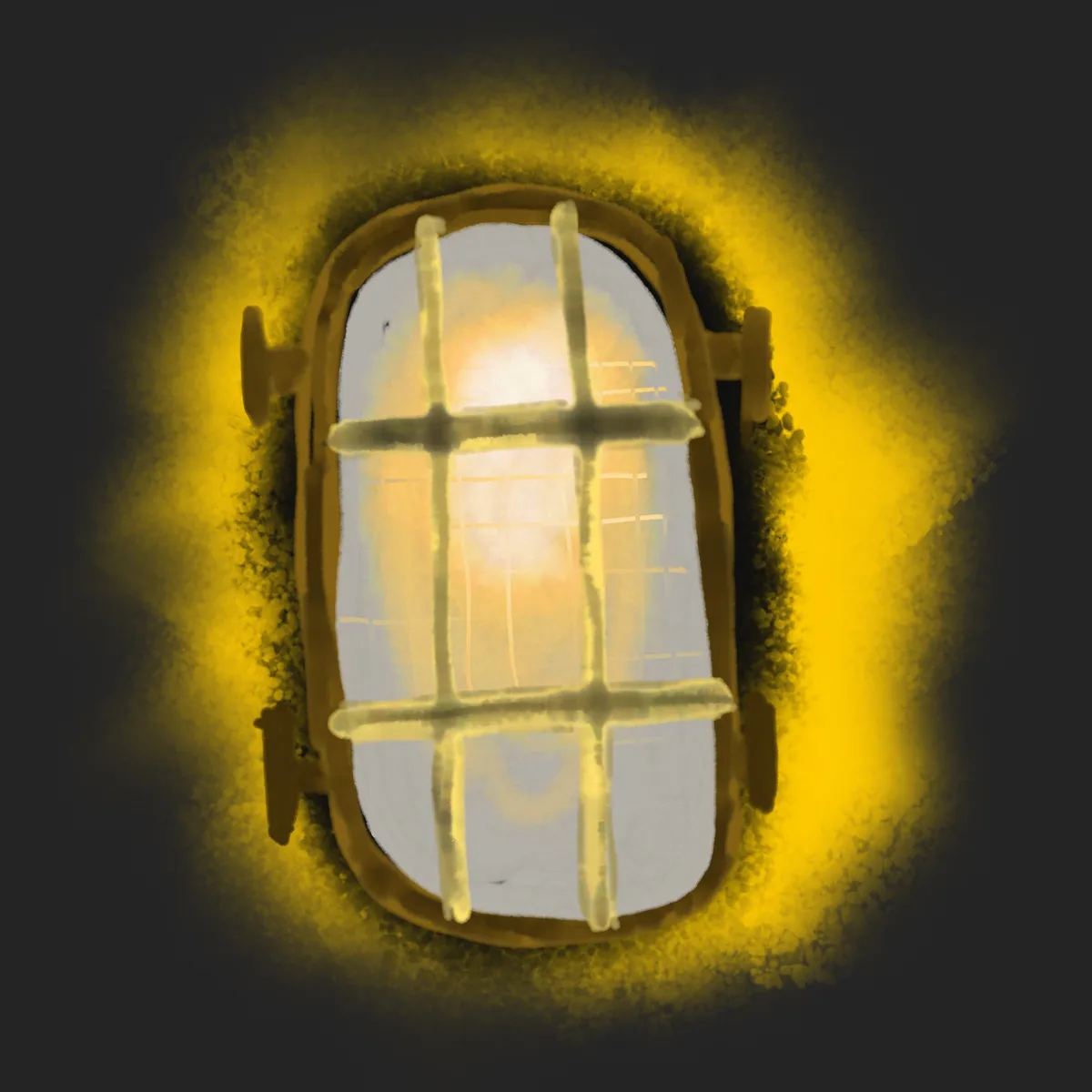 A stylized, glowing yellow light fixture with a protective cage-like grid, set against a dark background with a soft…