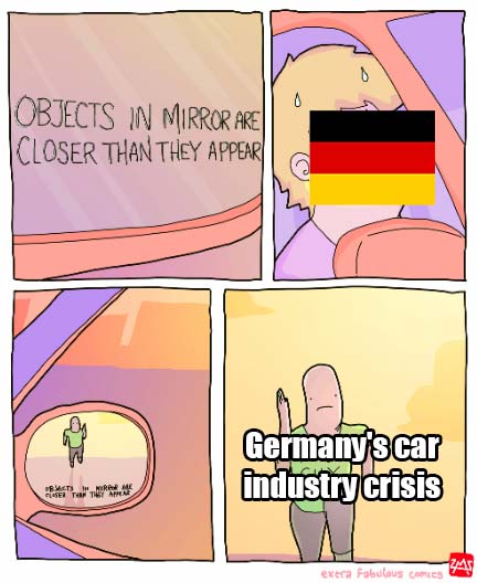 A four-panel comic strip shows a car's side mirror with the warning 'Objects in mirror are closer than they appear.' The…