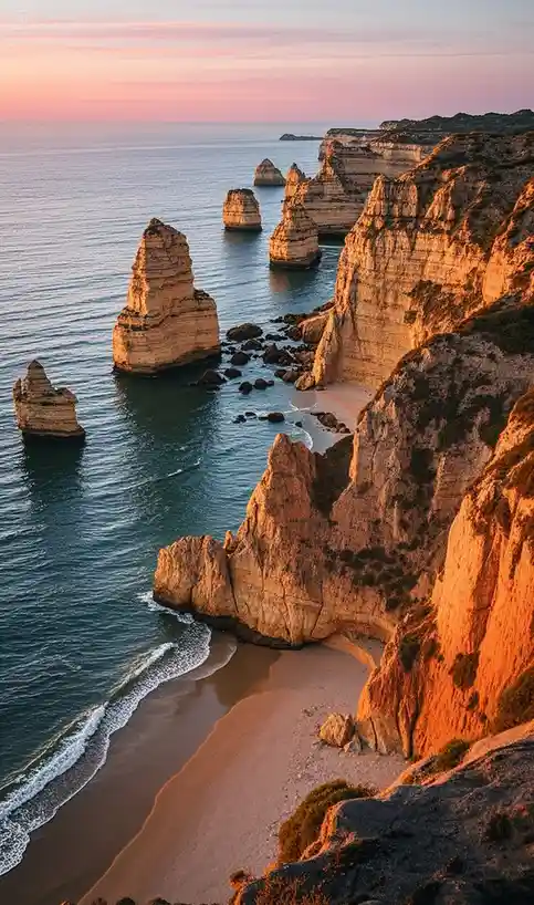 A scenic coastal landscape at sunset, featuring dramatic cliffs, sea stacks, and a sandy beach with gentle waves. The sky is…