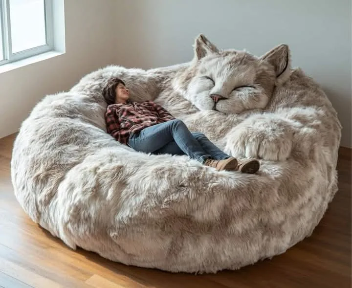 A person is lying on a giant, fluffy, sleeping cat-shaped beanbag chair, appearing relaxed. The cat has closed eyes and a…
