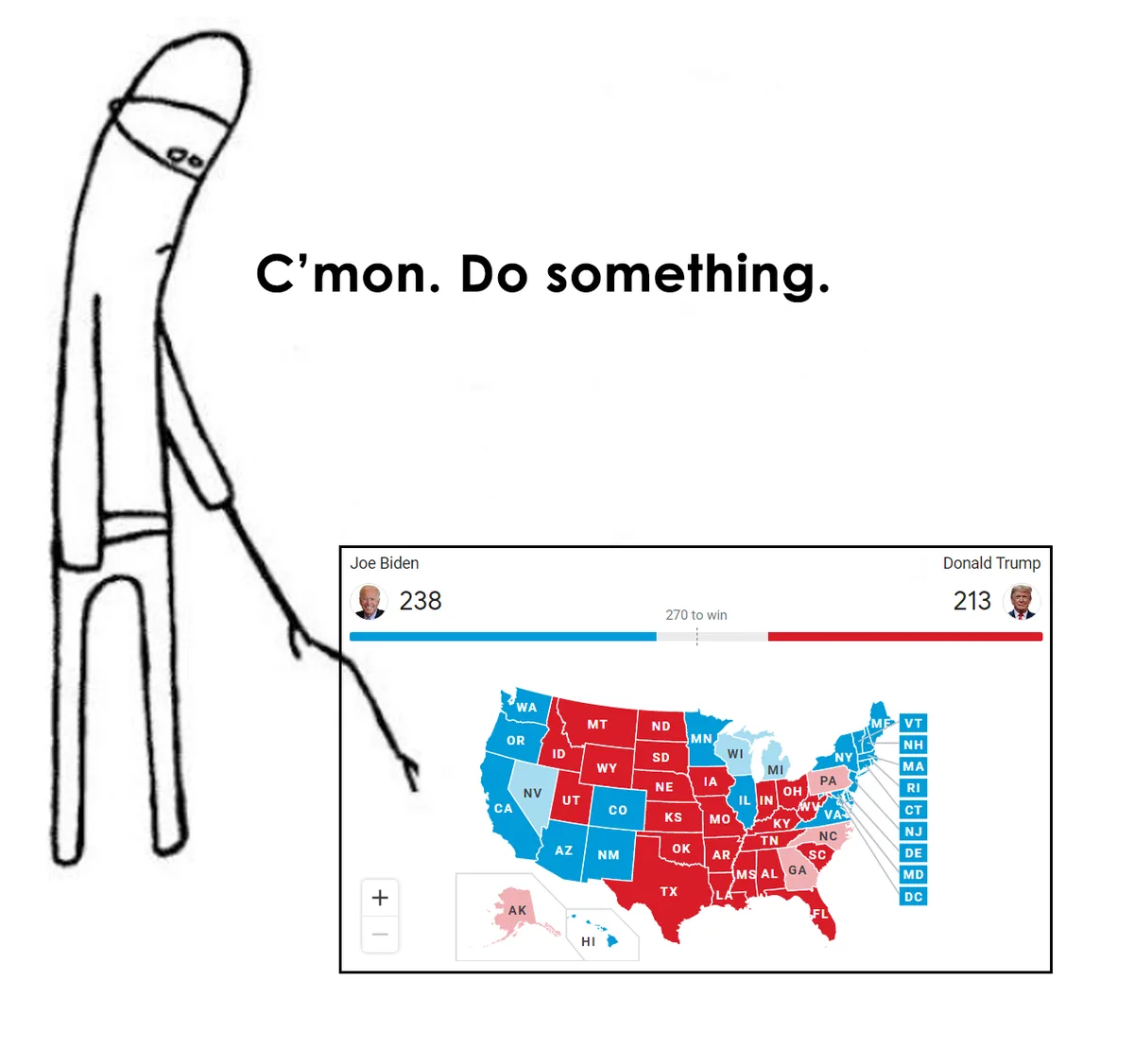 A stick figure with a blindfold is depicted pulling on a map of the United States showing the 2020 presidential election…