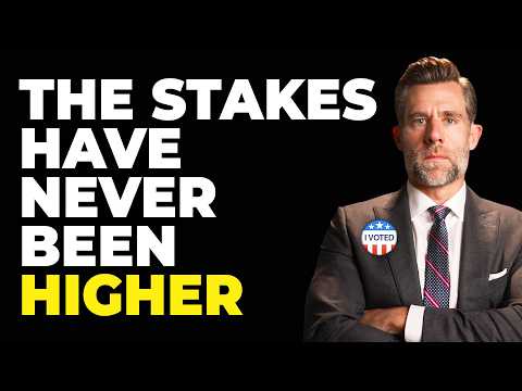 A man in a suit with arms crossed and an 'I VOTED' pin on his lapel stands against a black background. Large white and…