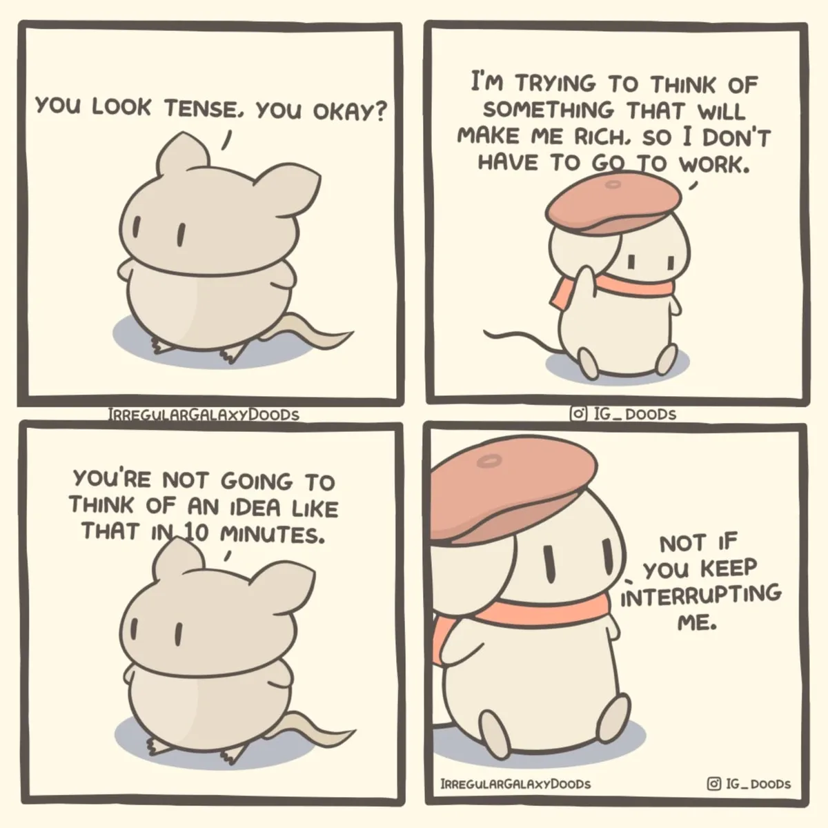 A four-panel comic featuring two cartoon mice. In the first panel, one mouse asks the other if they're okay. In the second…
