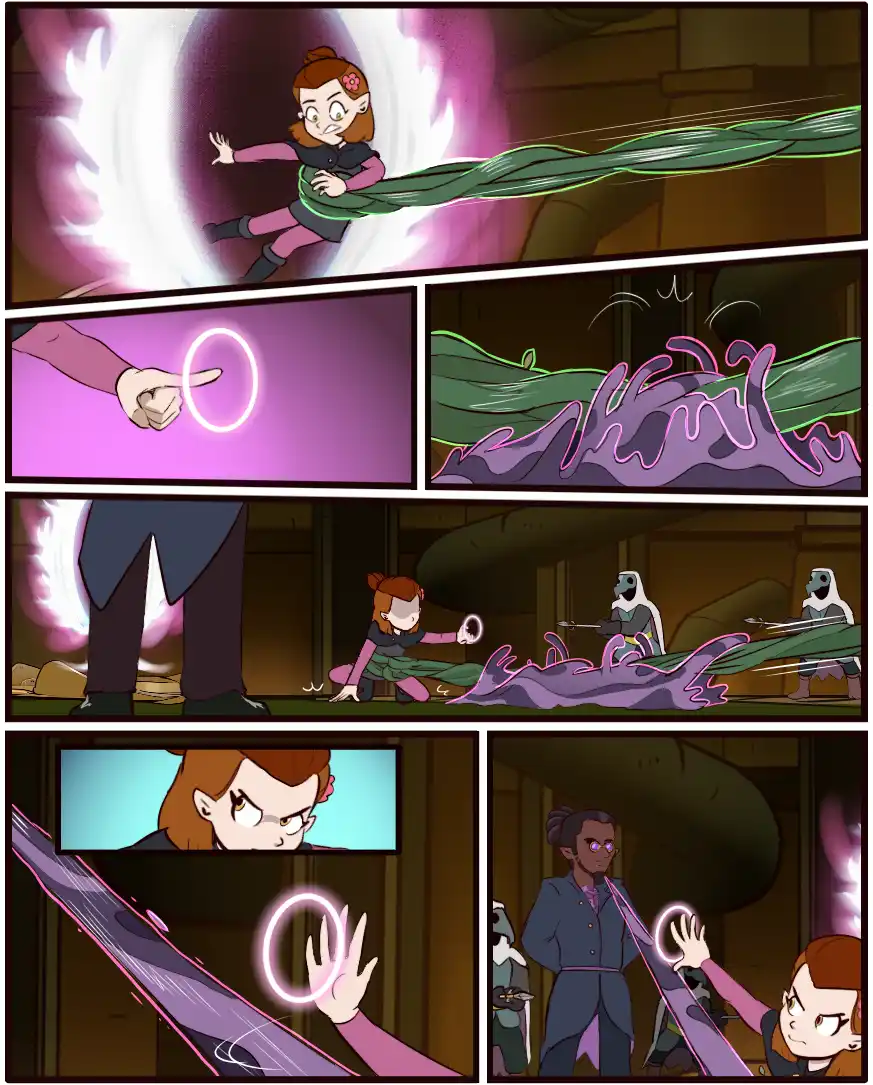 A comic strip shows a young girl with red hair using a glowing ring to control a large green rope-like creature. She…