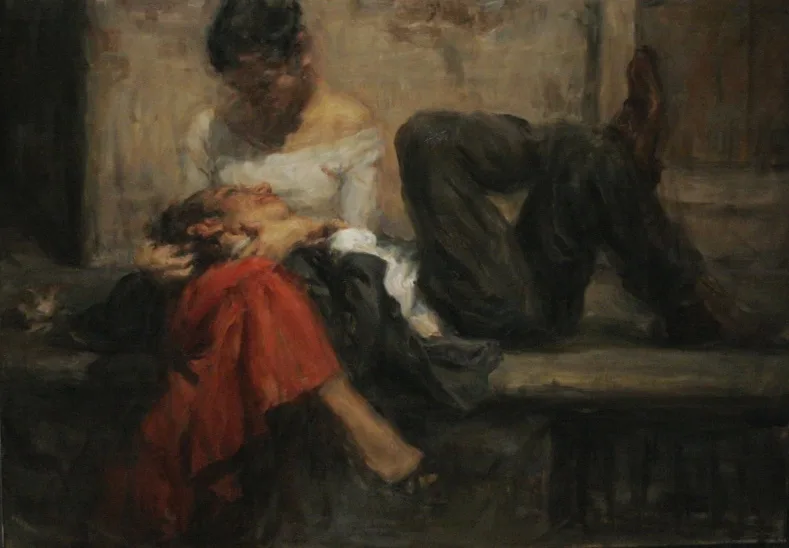 An oil painting depicts a person in a white shirt sitting behind another person in a red shirt who is lying down with their…
