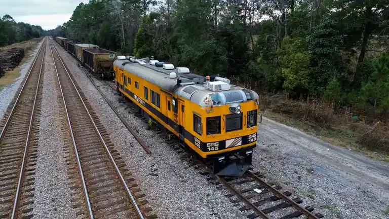 An aerial view shows a yellow and black Sperry railcar, numbered SRS 145, sitting on a single railroad track next to an…