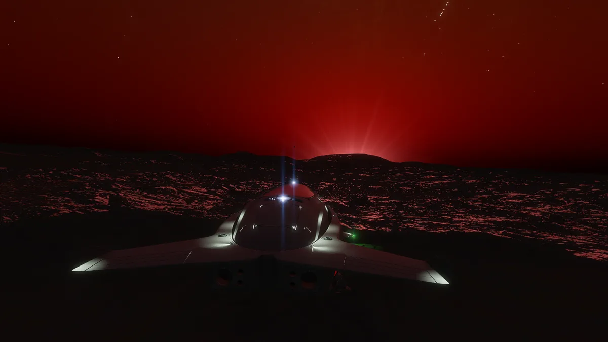 A futuristic spaceship sits on a barren, rocky landscape under a vivid red sky with stars, its headlights and cockpit light…