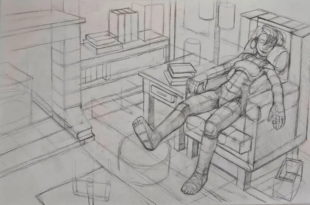 A pencil sketch depicts a person lounging in a chair with one foot resting on a bucket, surrounded by sketchy furniture and…