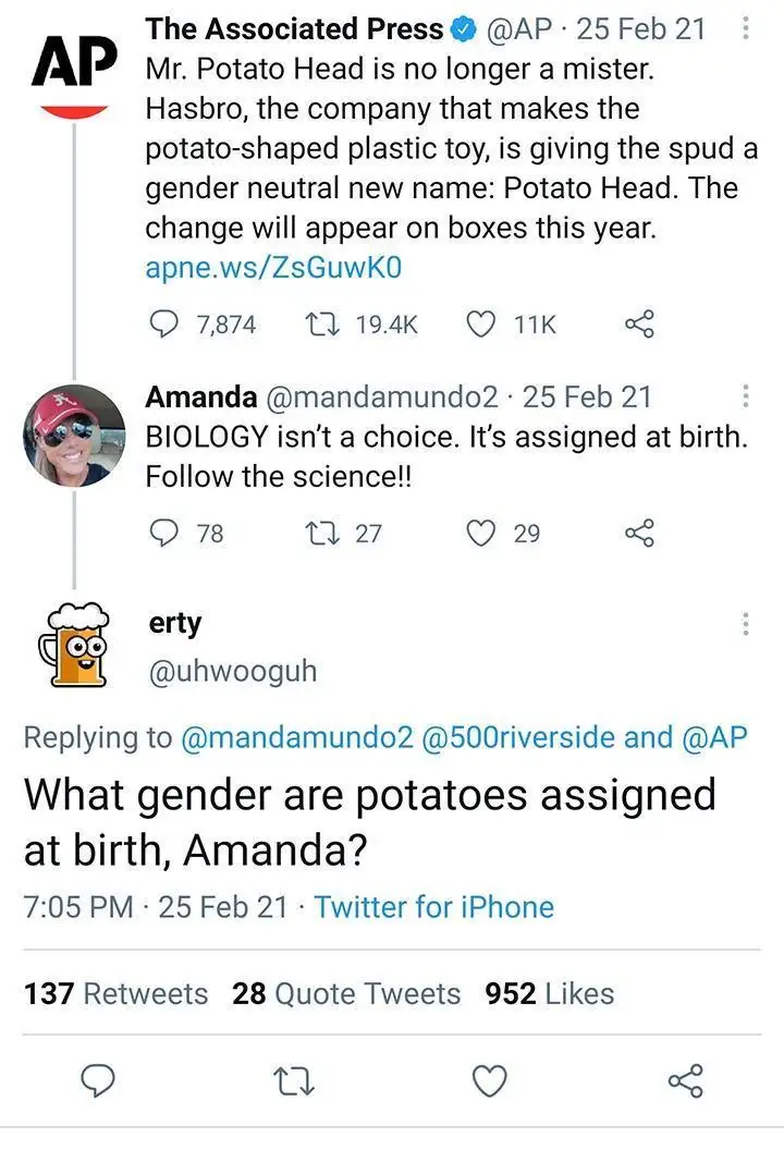 A screenshot of a Twitter thread shows The Associated Press reporting that Hasbro is renaming Mr. Potato Head to 'Potato…