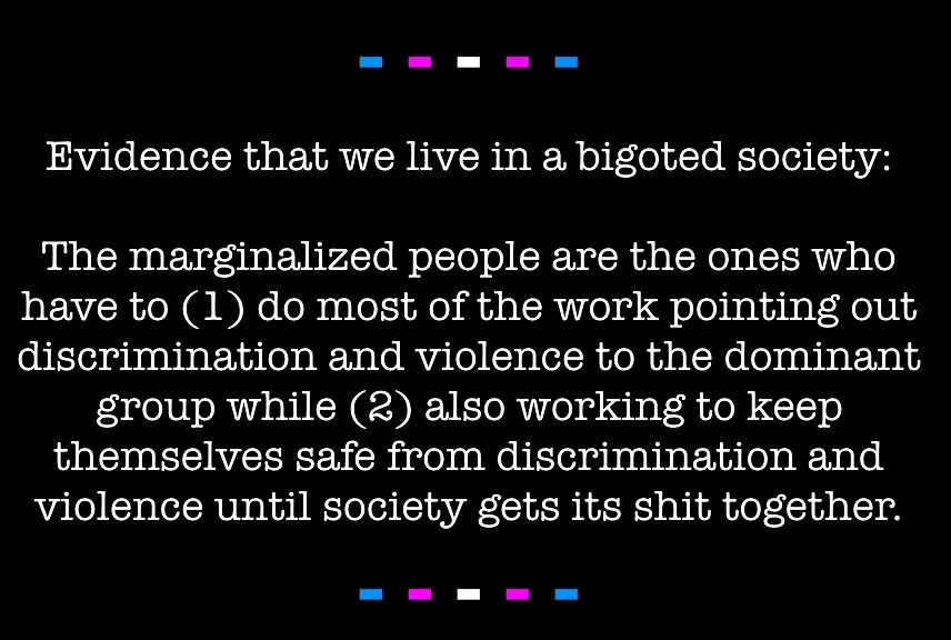 A black background with white text presents a statement about societal bigotry. The text reads: 'Evidence that we live in a…