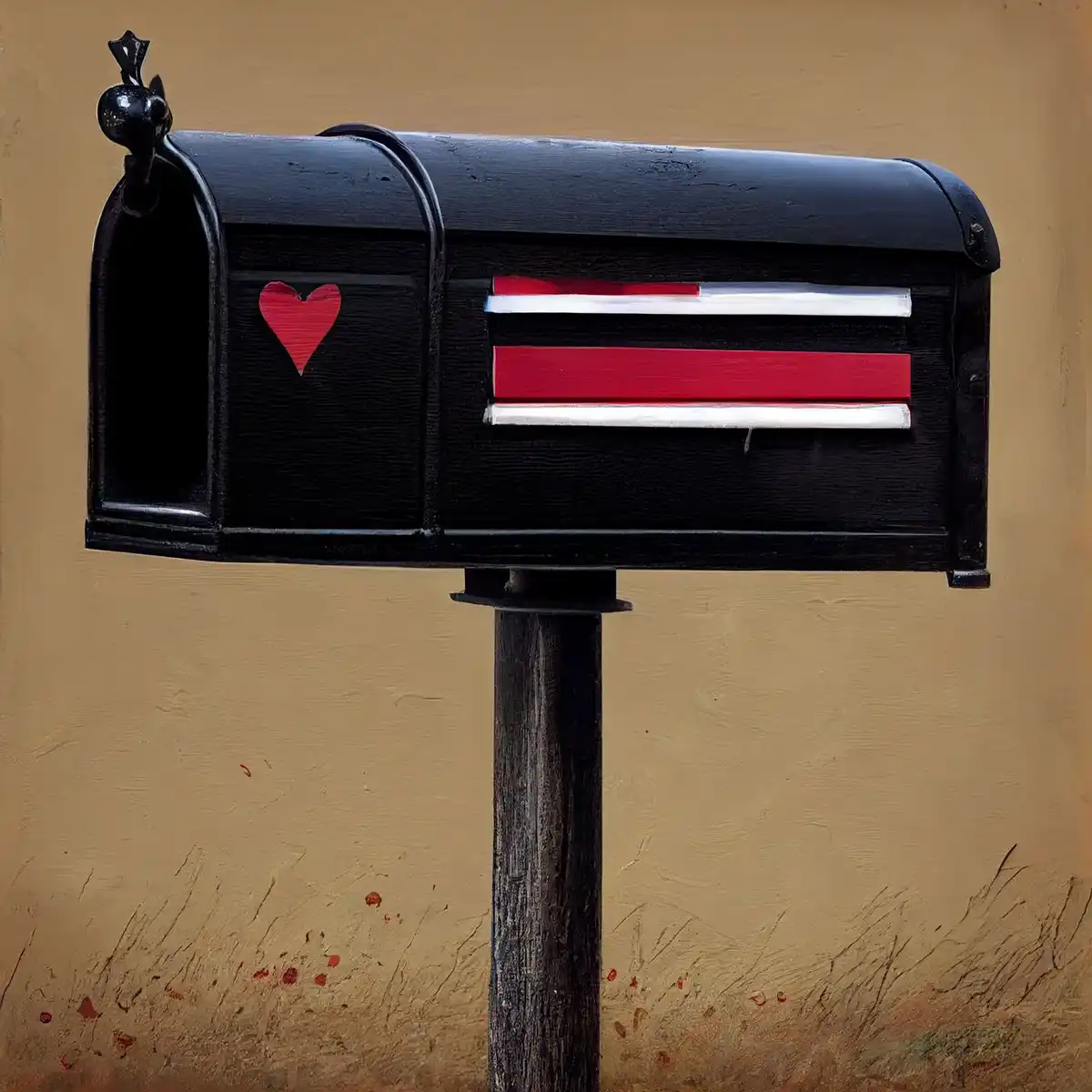 A black mailbox painted with a red heart on its left side and red and white stripes on its right, resembling a flag. The…