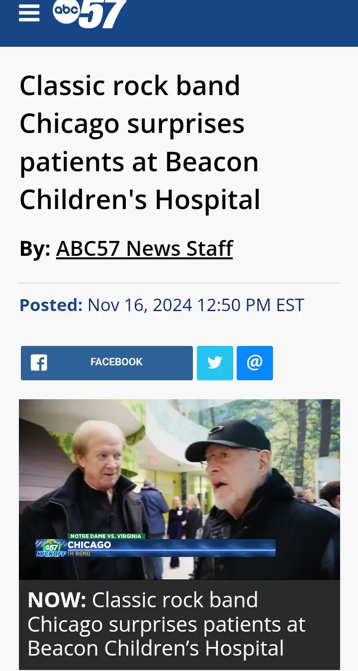 A screenshot of an ABC57 news article about the band Chicago surprising hospital patients, featuring a photo of two men in…