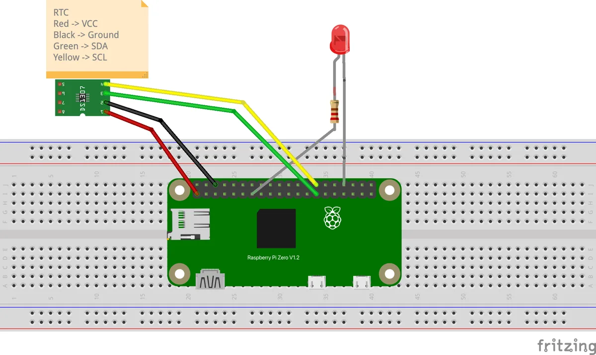 A schematic diagram shows a Raspberry Pi Zero V1.2 connected via wires to a DS1307 RTC module and a red LED on a breadboard…