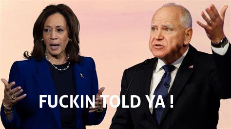 A split image shows Kamala Harris on the left in a blue suit with an expressive face, and a man on the right in a dark suit…