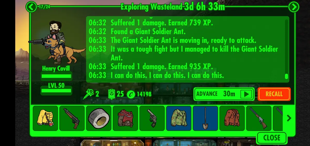A screenshot from a post-apocalyptic game shows a player named Henry Cavill, level 50, with a log of recent in-game events…