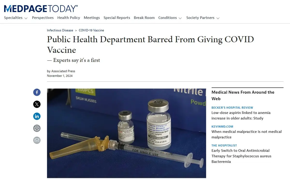 A screenshot of a MedPageToday news article from November 2024 with the headline 'Public Health Department Barred From…