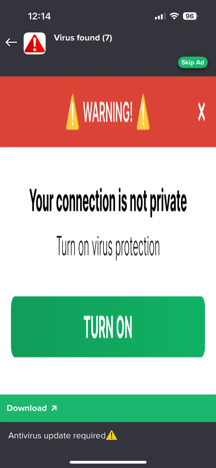 A smartphone screen shows a fake antivirus ad claiming 'Virus found (7)' and 'Your connection is not private'. It urges the…