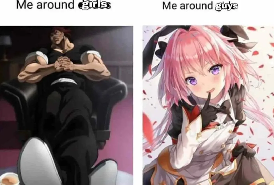 The meme shows two anime characters side by side. On the left, a muscular man sits confidently in a chair with his hands…