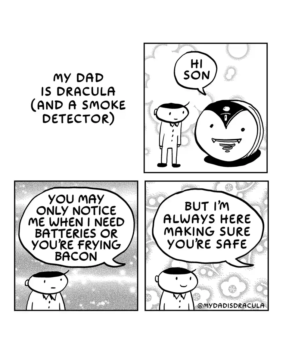 A four-panel comic strip titled 'MY DAD IS DRACULA (AND A SMOKE DETECTOR)' shows a son meeting his father, who is depicted…