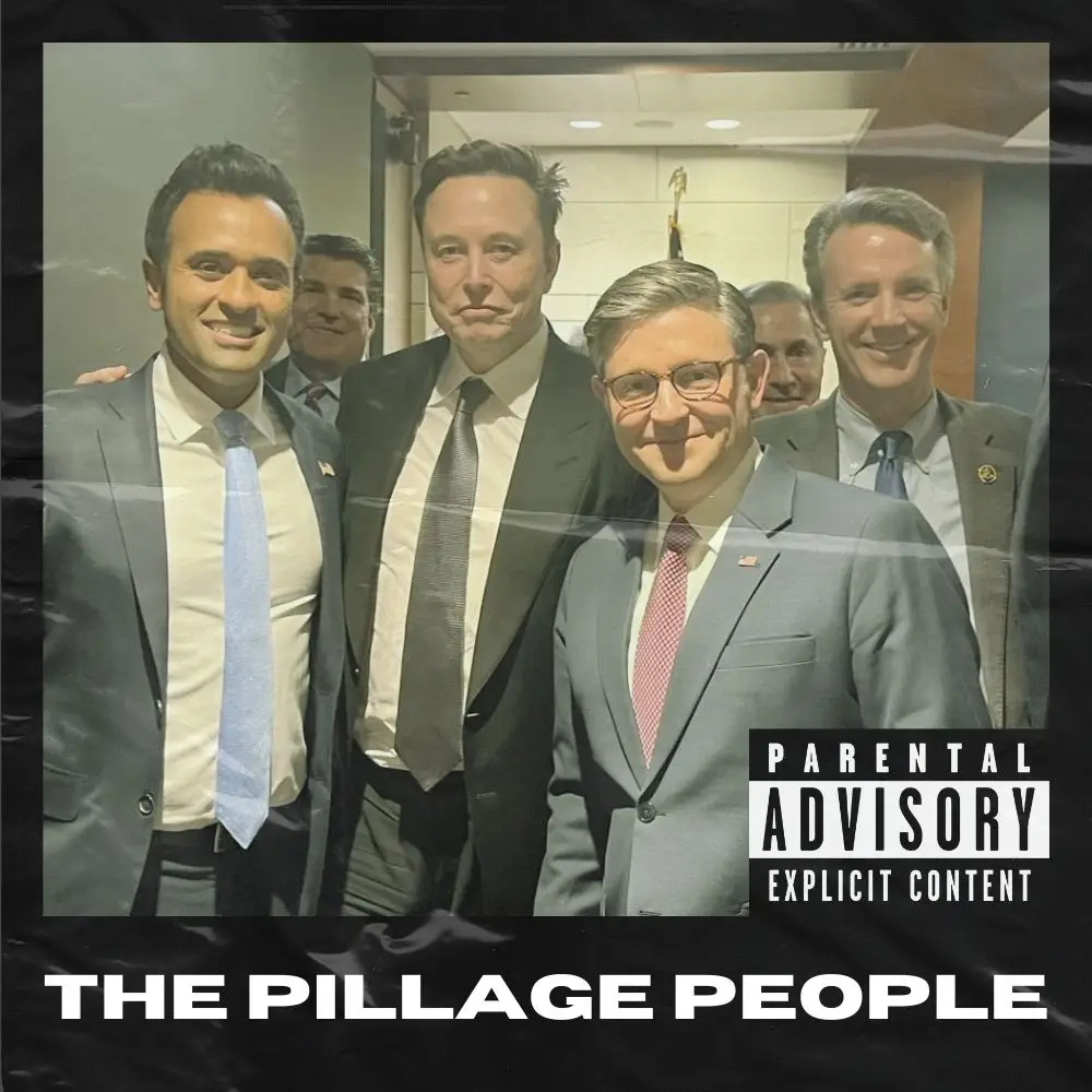 A group photo of several men in suits, including Elon Musk, is edited to resemble an album cover, featuring a 'Parental…