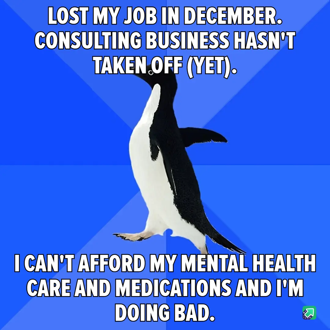 A penguin stands upright against a blue background with white text overlaid in two sections. The top text reads 'LOST MY JOB…