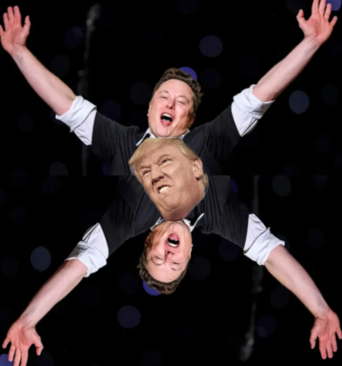 The image shows a man in a black shirt with white sleeves, arms raised in a celebratory pose, duplicated vertically. The top…