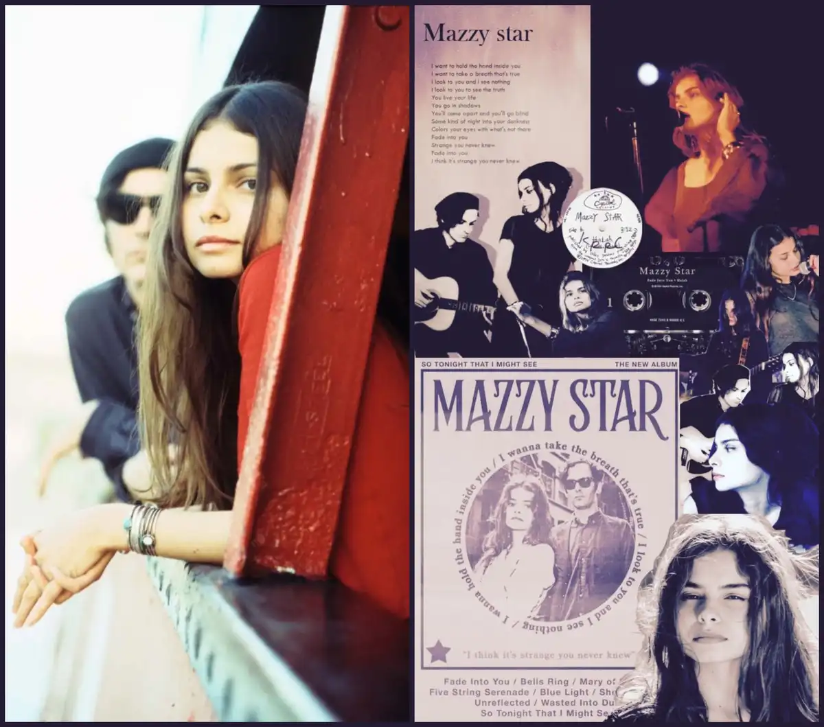 A collage featuring the band Mazzy Star, showing a photo of the band members, album covers, a vinyl record label, and lyrics…
