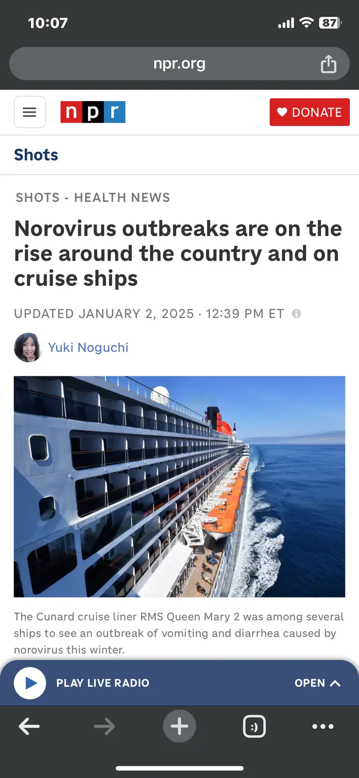 A screenshot of an NPR news article about norovirus outbreaks on cruise ships, featuring a photo of the RMS Queen Mary 2…