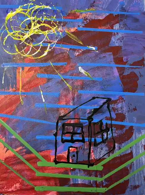 An abstract painting with a background of red and blue brushstrokes, featuring a crudely drawn black house outline with…