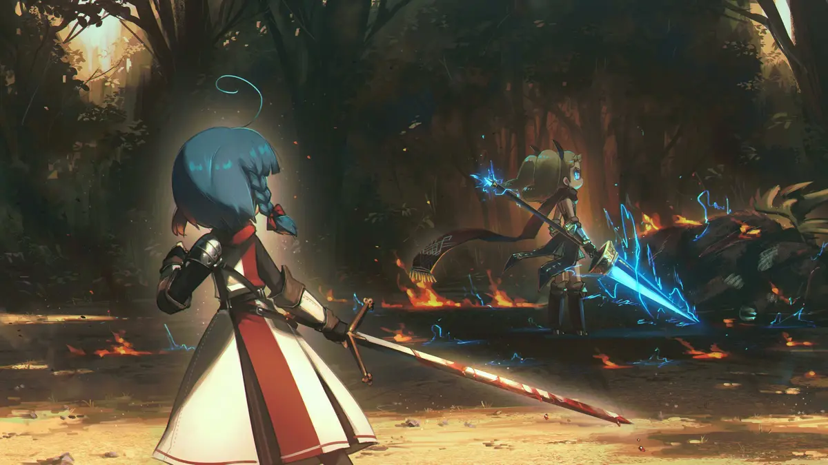 In a dark, fiery forest, a blue-haired girl in a white and red dress holds a sword with a broken hilt, looking toward…