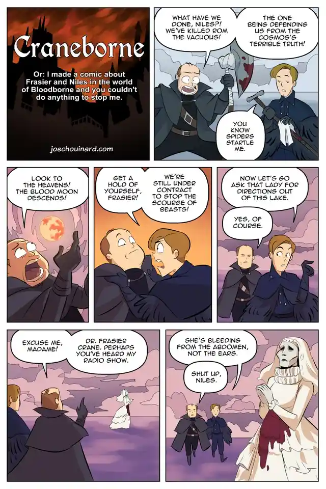 A six-panel comic titled 'Craneborne' shows characters resembling Frasier and Niles from 'Frasier' in a dark fantasy…