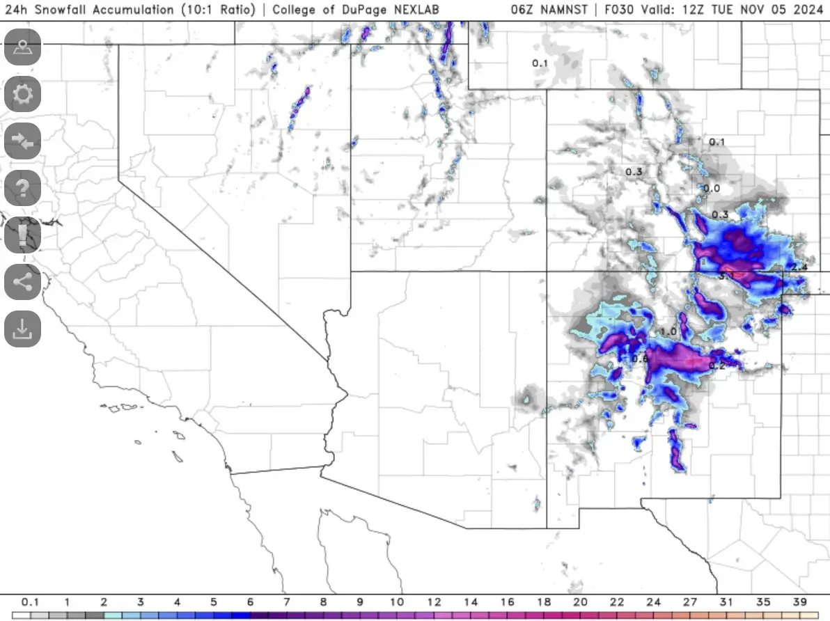 A weather map from the College of DuPage NEXLAB shows 24-hour snowfall accumulation in the western United States, with a…