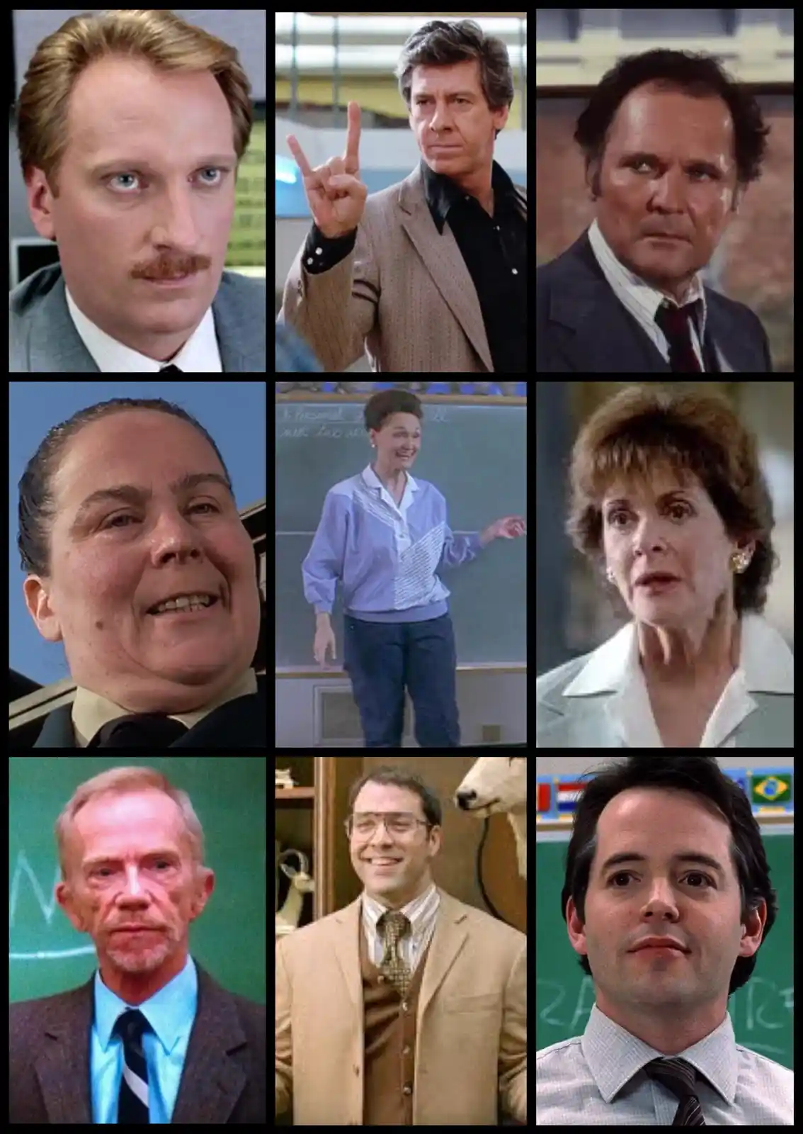 A nine-panel grid collage featuring nine different male and female teachers from various TV shows and movies, each with a…