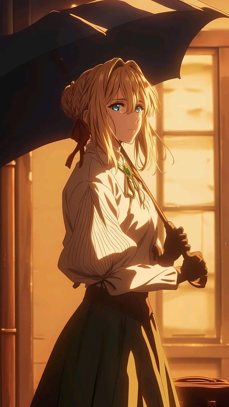 An anime-style illustration of a young woman with blonde hair and blue eyes, holding a black umbrella while standing in…