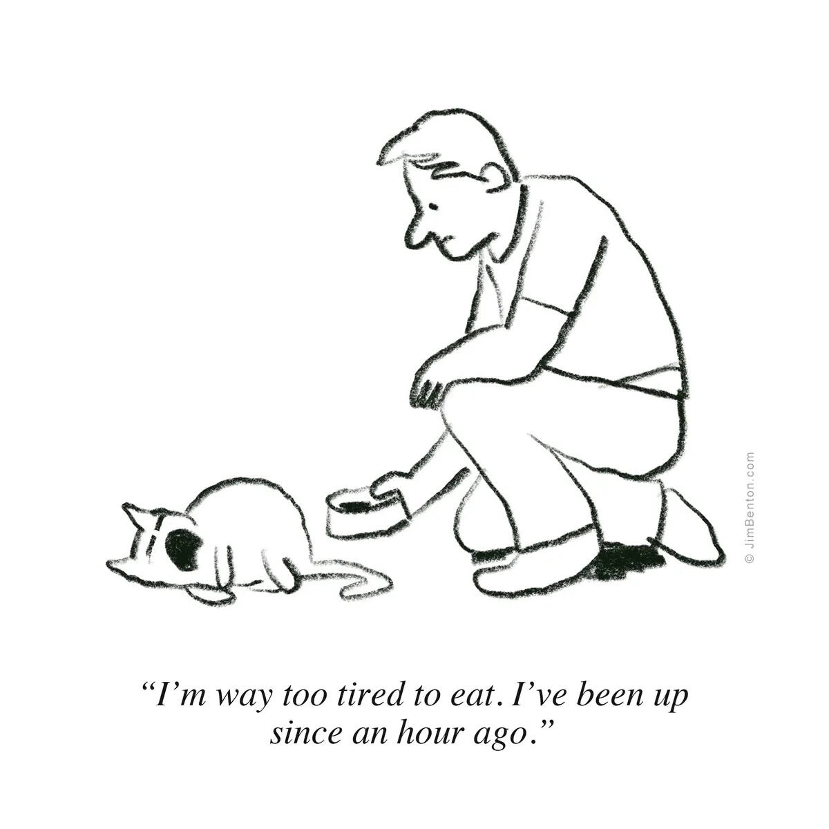A black-and-white cartoon shows a man kneeling and offering a bowl of food to a small, sleeping cat lying on the floor. The…