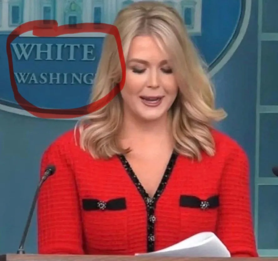 A woman in a red jacket stands at a podium in front of a blue backdrop with the words 'WHITE WASHING' partially visible…