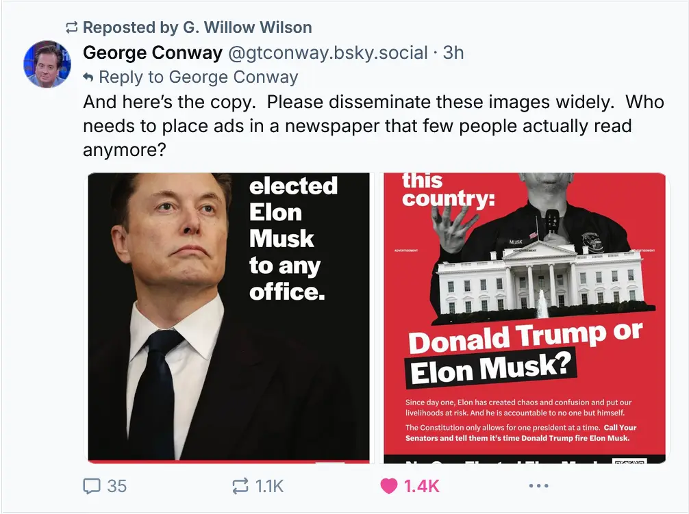 The image displays a social media post by George Conway, reposted by G. Willow Wilson, featuring two side-by-side mock…