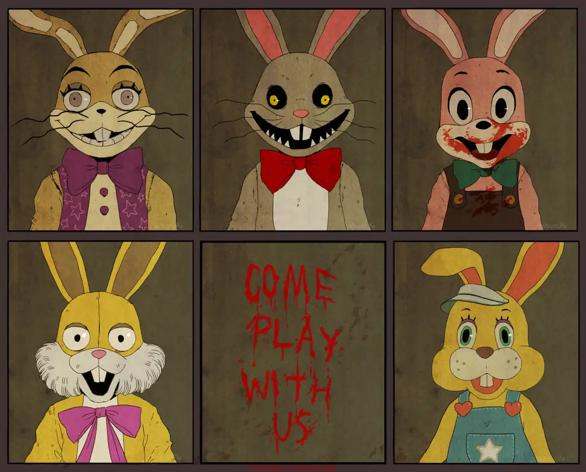 Six panels show cartoon bunnies with increasingly sinister expressions: one with a purple bowtie, one with yellow eyes and…