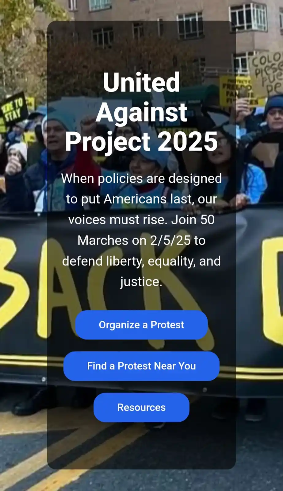 The image shows a protest scene with people holding signs, overlaid with a mock-up of a website interface titled 'United…