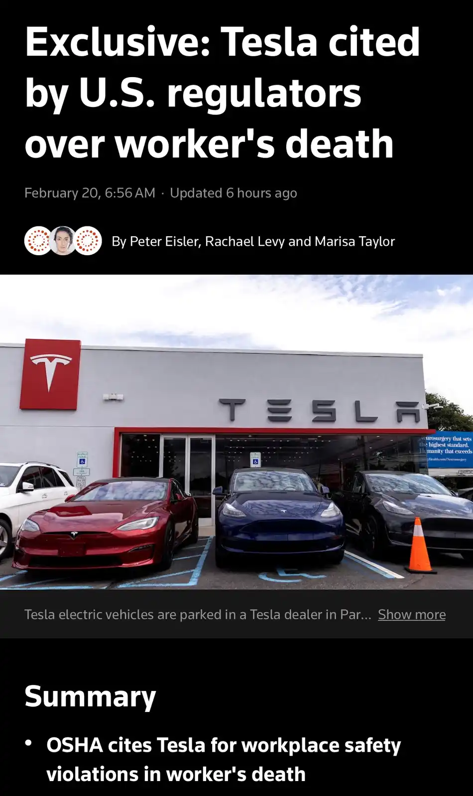 The image displays a screenshot of a news article with a headline reading 'Exclusive: Tesla cited by U.S. regulators over…