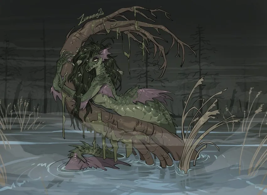 A dark, swampy illustration shows a humanoid creature with green, scaly skin, long dark hair, and purple bat-like wings…