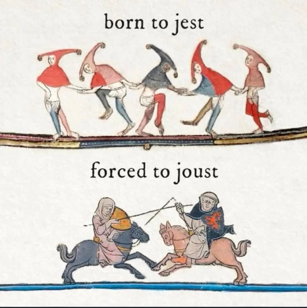 The image displays two medieval-style illustrations. The top panel shows five jester-like figures in colorful, pointed hats…