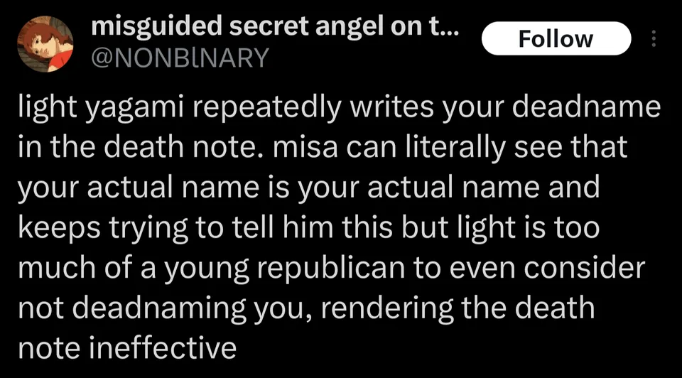 A screenshot of a tweet from a user named 'misguided secret angel on t...' with the handle @NONBINARY. The tweet's text…