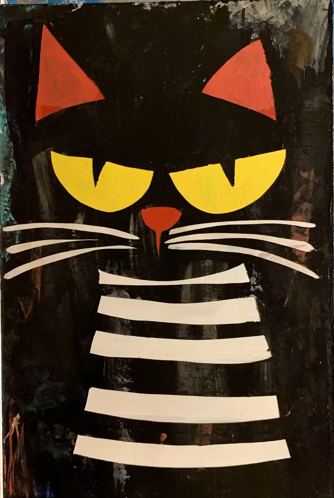 A stylized painting of a black cat with red triangular ears, yellow eyes, a red nose, and white whiskers, wearing a…
