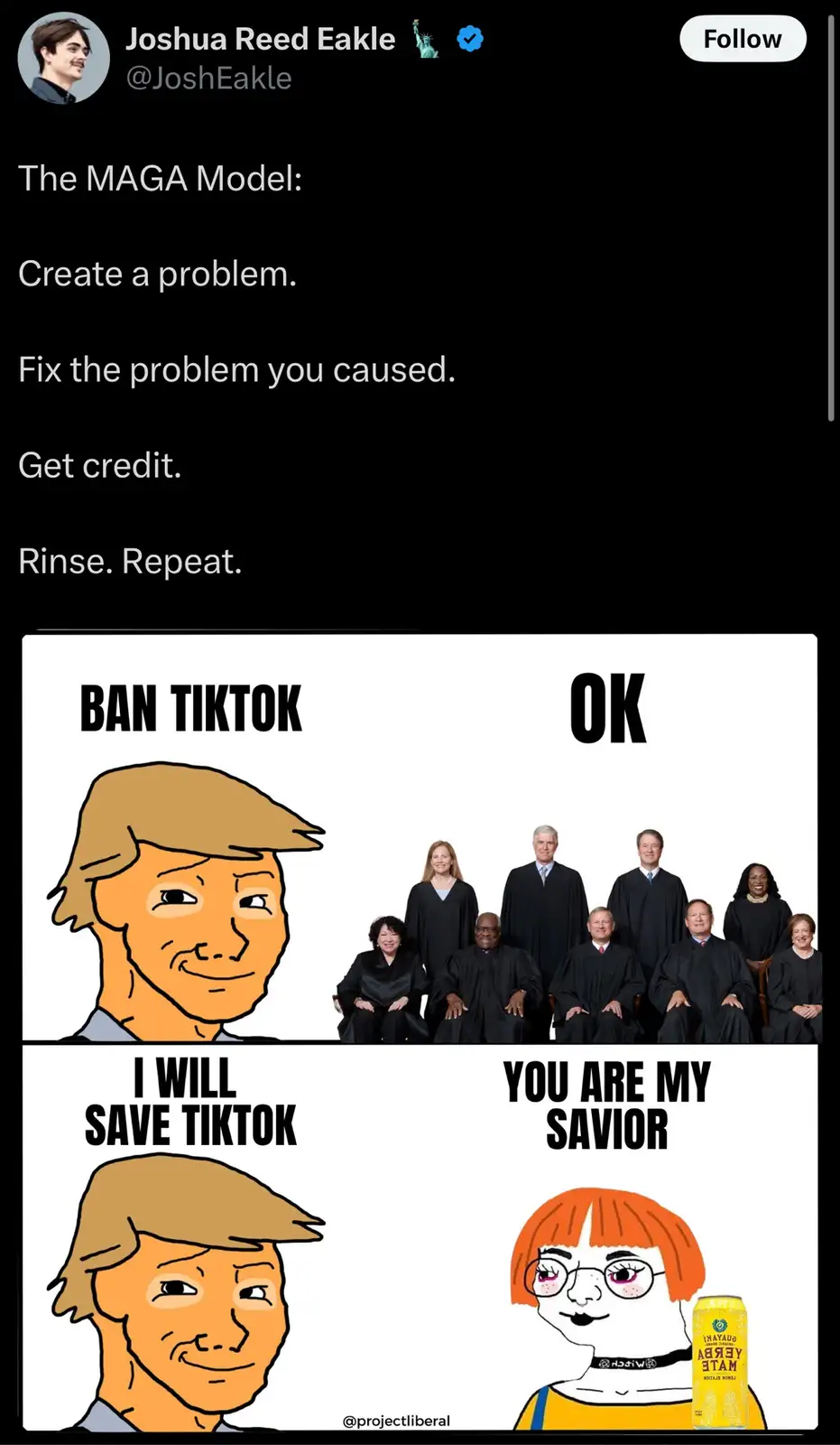 A two-panel meme shows a cartoon Donald Trump on the left and the U.S. Supreme Court justices on the right. In the top…