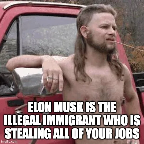 A shirtless man with long hair and a beard leans against a red truck, smoking a cigarette, with the overlaid text 'ELON MUSK…