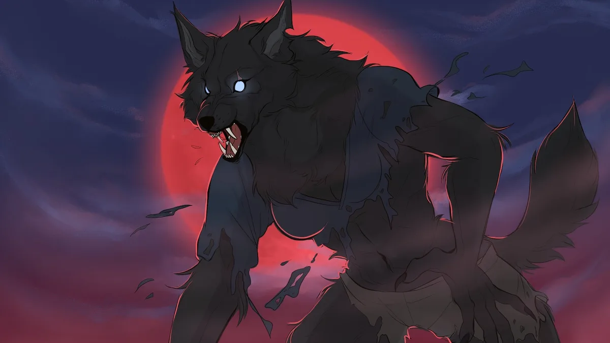 A dark, muscular anthropomorphic wolf with glowing blue eyes and sharp teeth stands against a red moon backdrop, its…