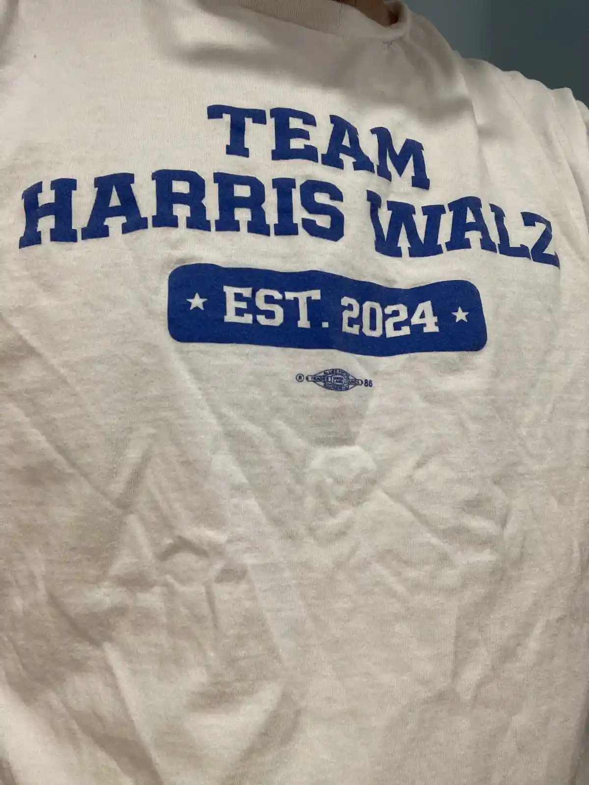 A close-up of a light gray t-shirt with blue text reading 'TEAM HARRIS WALZ' in large block letters, with 'EST. 2024' in…