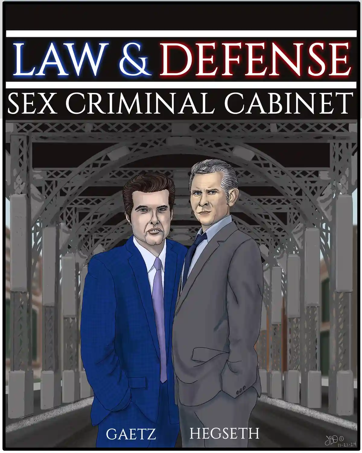 A digitally illustrated image shows two men in suits standing under a metal bridge structure. The man on the left wears a…