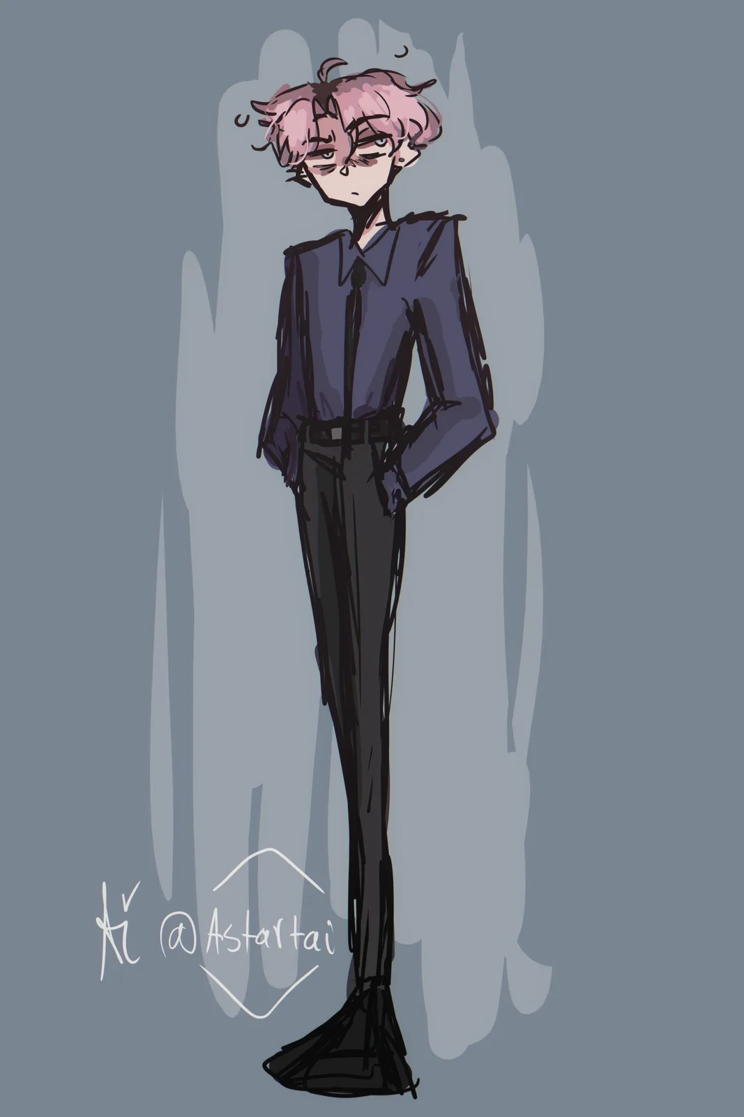 An anime-style character with pink hair and a tired expression stands with hands in pockets, wearing a dark shirt and pants…